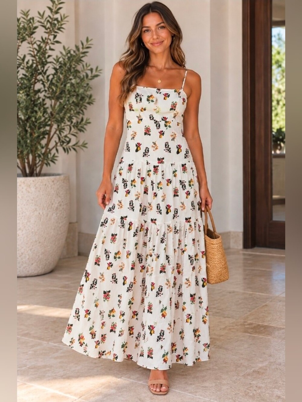 White Floral Spaghetti Strap Maxi Dress